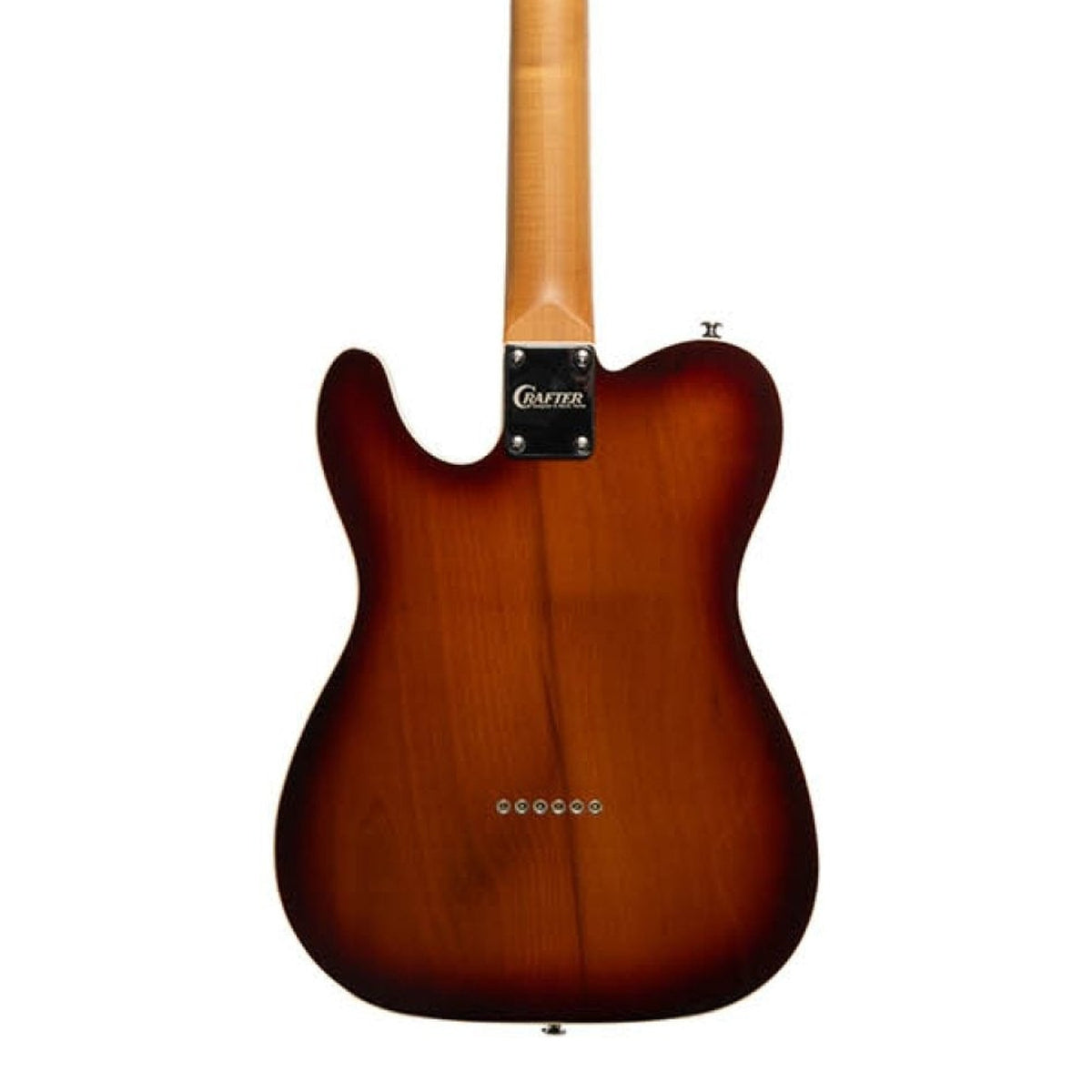 Body back of the Crafter Modern Seoul T60-Style Electric Guitar - Tobacco Sunburst, with the base of the neck
