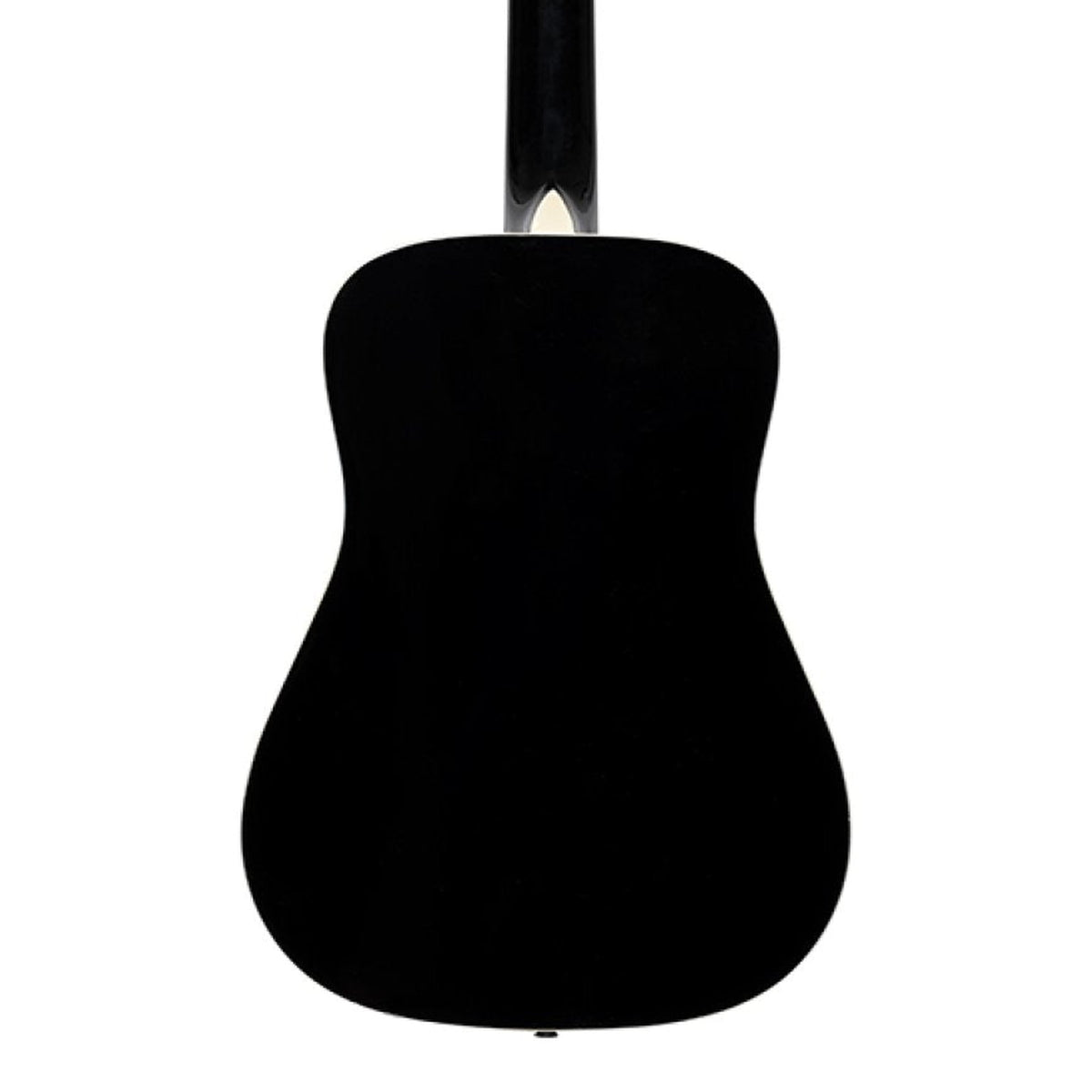 Body back of the Stagg SA20D 3/4 LH-BK 3/4-Size Left-Handed Dreadnought Acoustic Guitar, Black, with the base of the neck