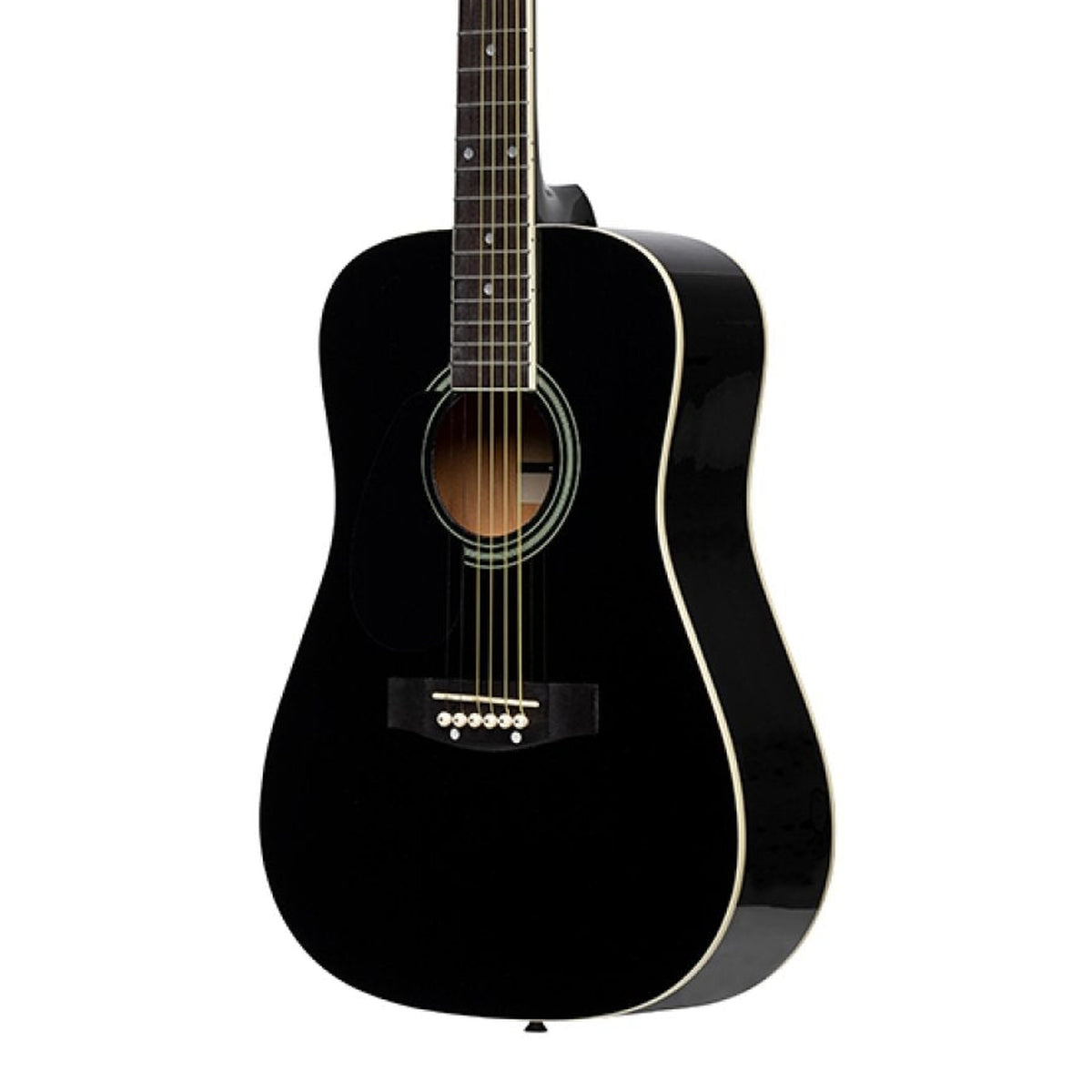 Body front of the Stagg SA20D 3/4 LH-BK 3/4-Size Left-Handed Dreadnought Acoustic Guitar, Black, with some of the fretboard