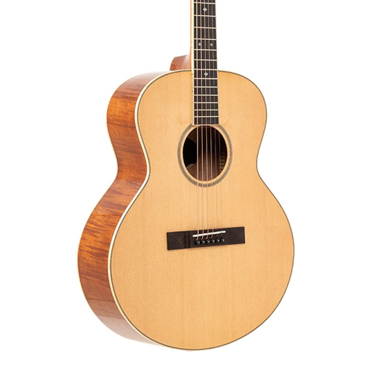 Body front of the Stagg SA45 O-FM Series 45 Orchestra Acoustic Guitar with Spruce Top, with some of the fretboard
