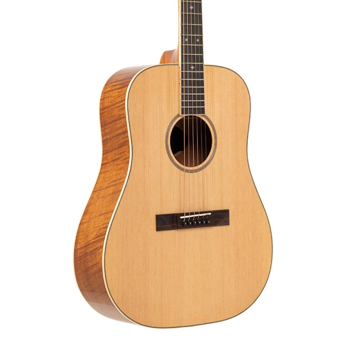 Body front of the Stagg SA45 D-FM Series 45 Dreadnought Acoustic Guitar with Spruce Top, with some of the fretboard