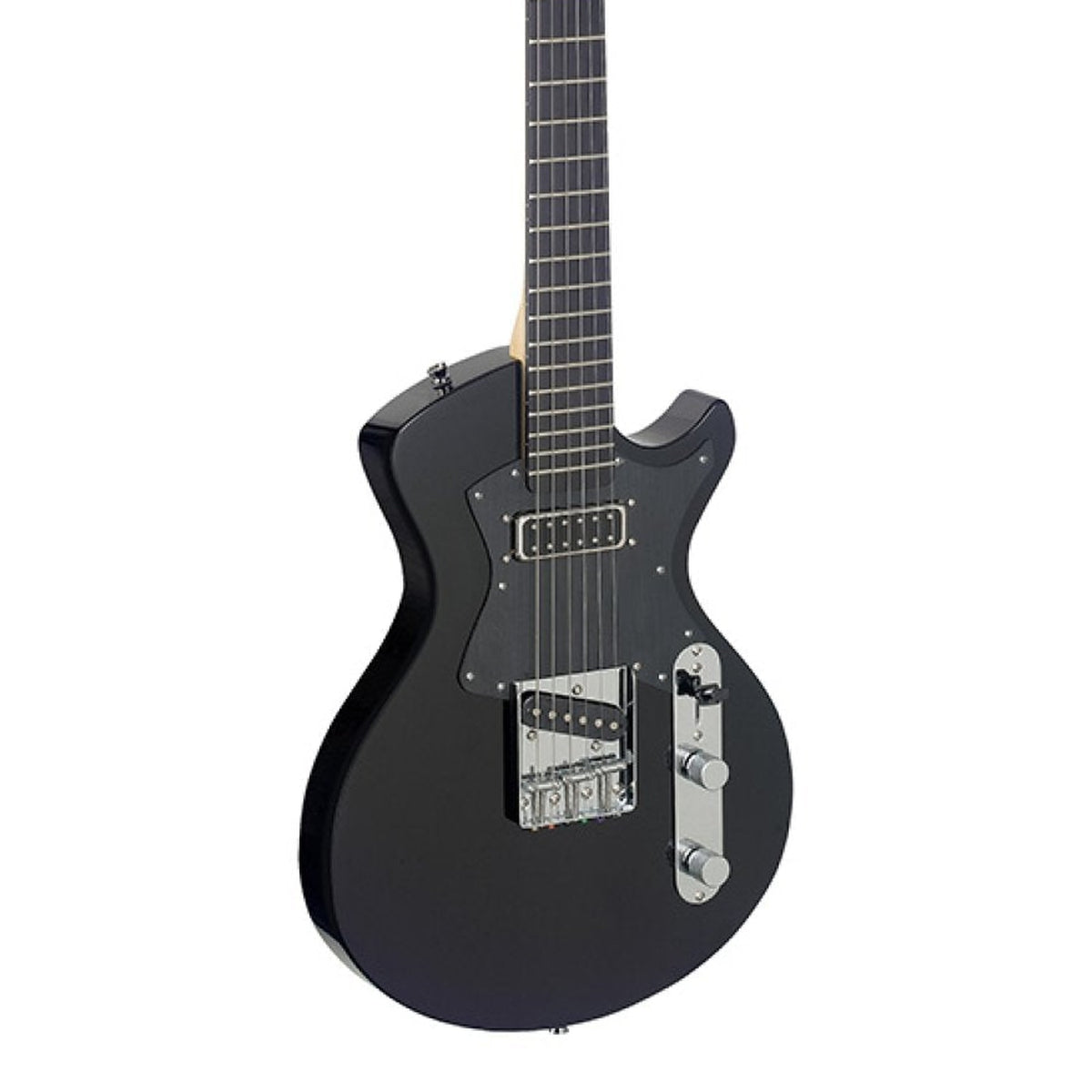 Body front of the Stagg Silveray Custom Electric Guitar, Black, Solid Alder Body, with some of the fretboard