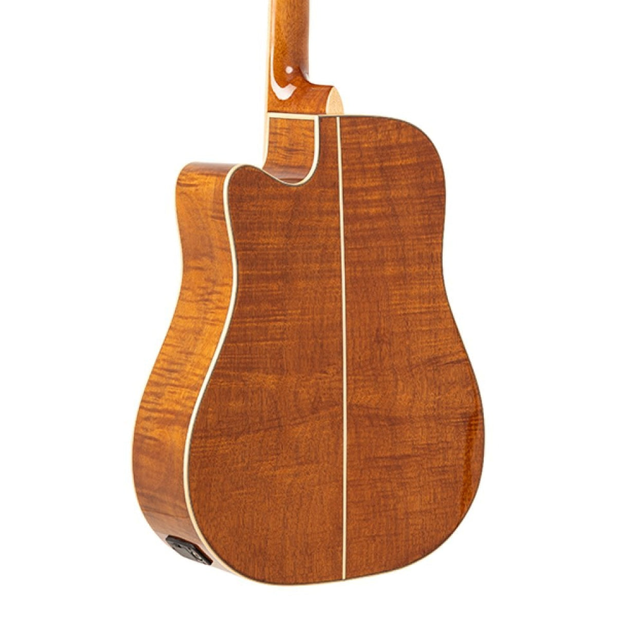 Body back of the Stagg SA45 DCE-FM Series 45 Dreadnought Cutaway Acoustic-Electric Guitar with Spruce Top, with the base of the neck