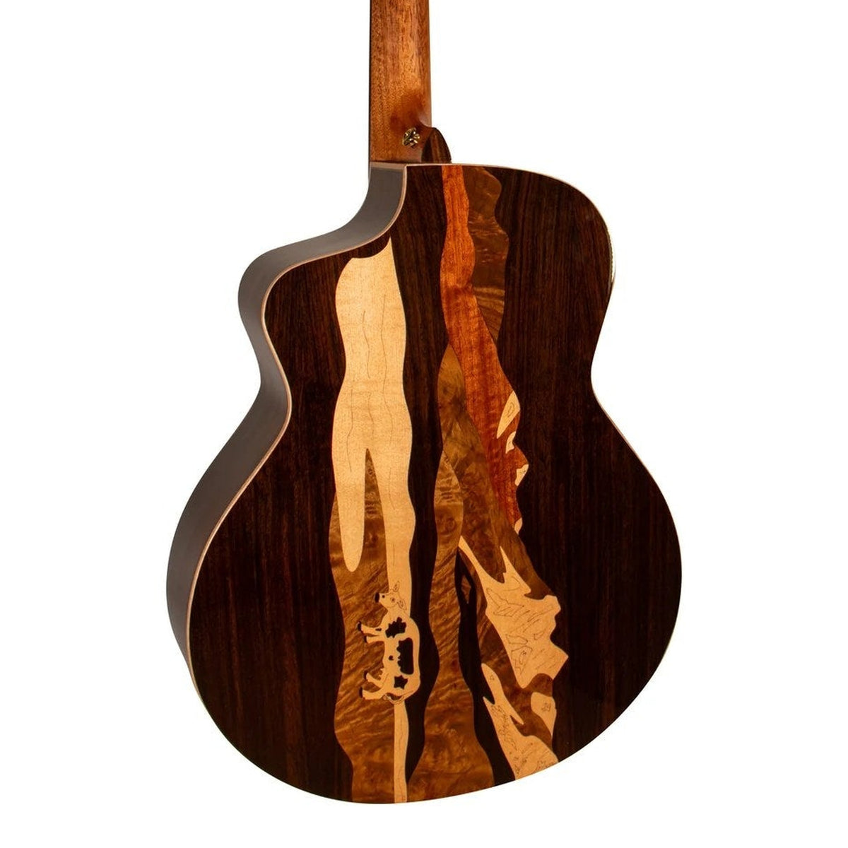 Body back of the Mérida WINTER-EQ Four Seasons Series Grand Auditorium Acoustic-Electric Guitar, with the base of the neck