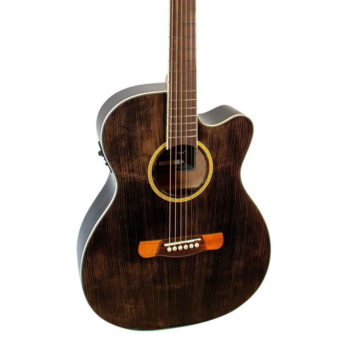 Body front of the Mérida ROMEO-EQ Classic Series Orchestra Acoustic-Electric Guitar, with some of the fretboard
