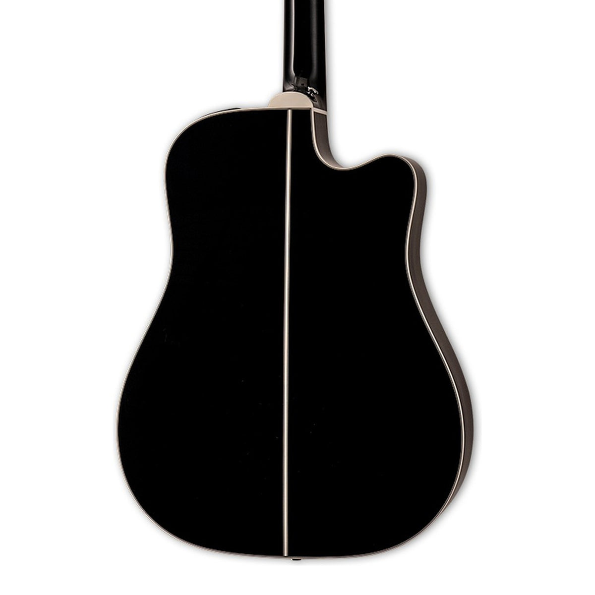 Body back of the Takamine EF341SC LH Left-Handed Solid Cedar Top Dreadnought Cutaway Acoustic-Electric Guitar, with the base of the neck