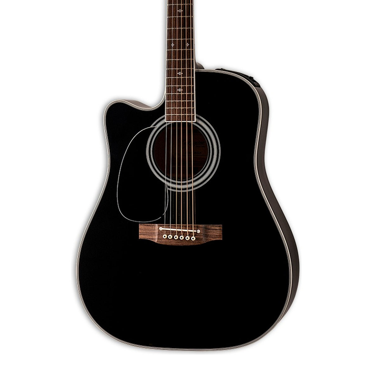 Body front of the Takamine EF341SC LH Left-Handed Solid Cedar Top Dreadnought Cutaway Acoustic-Electric Guitar, with some of the fretboard