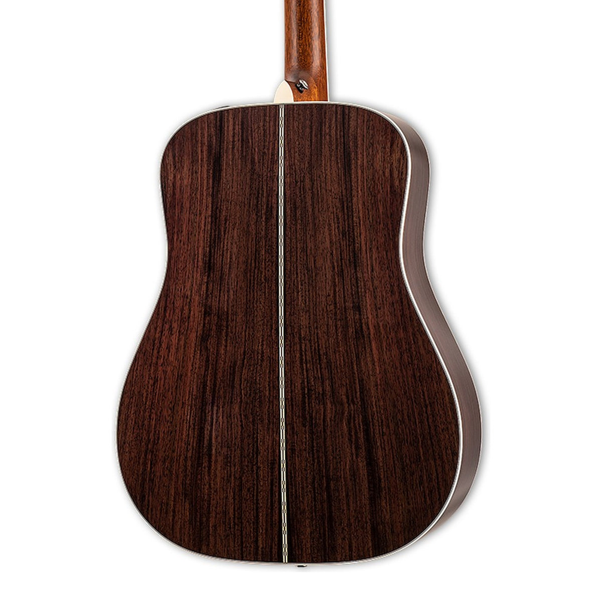 Body back of the Takamine EF360GF LH Left-Handed Glenn Frey Dreadnought Acoustic-Electric Guitar, with the base of the neck