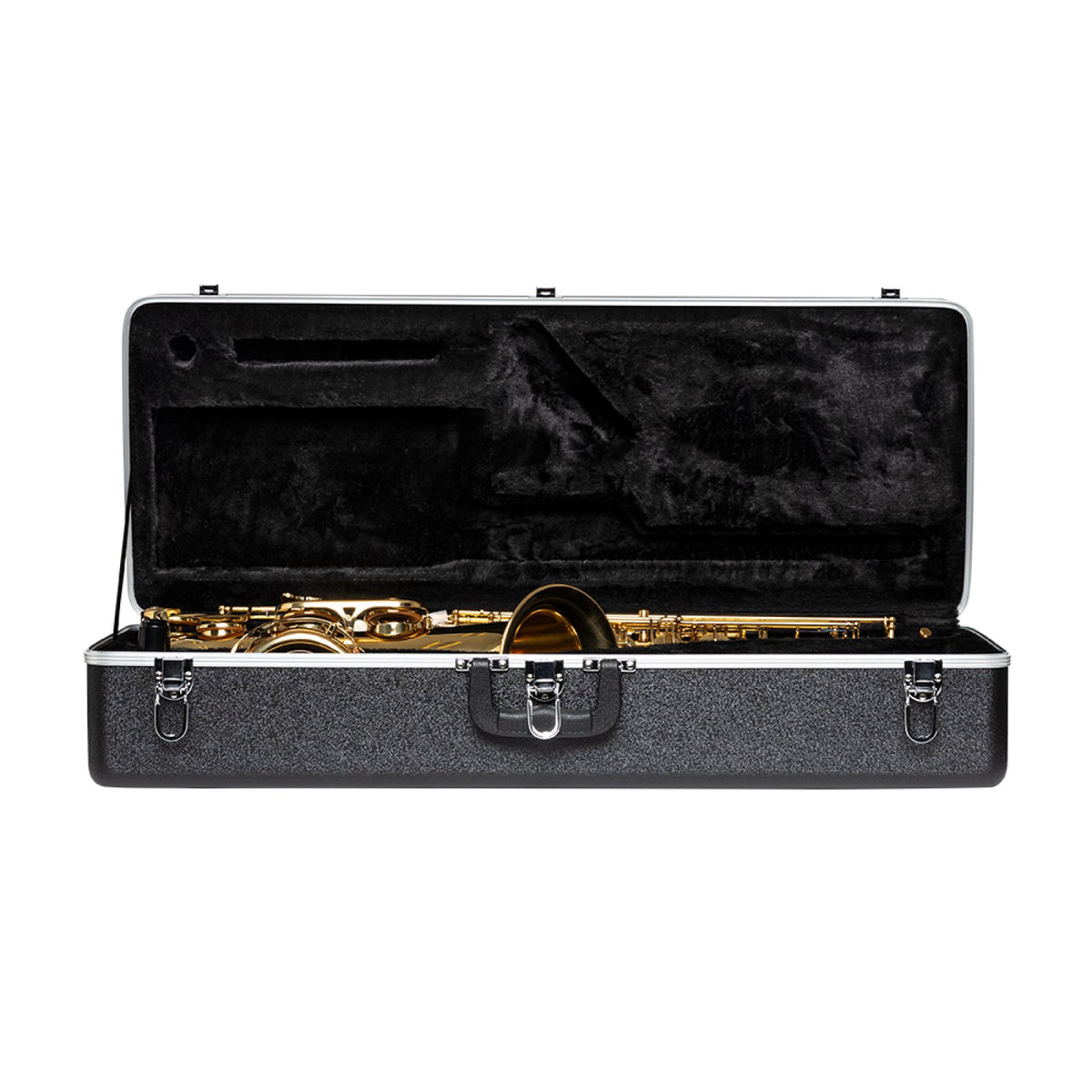 Stagg ABS-TS ABS case for tenor saxophone: open case with a tenor saxophone in the black plush interior