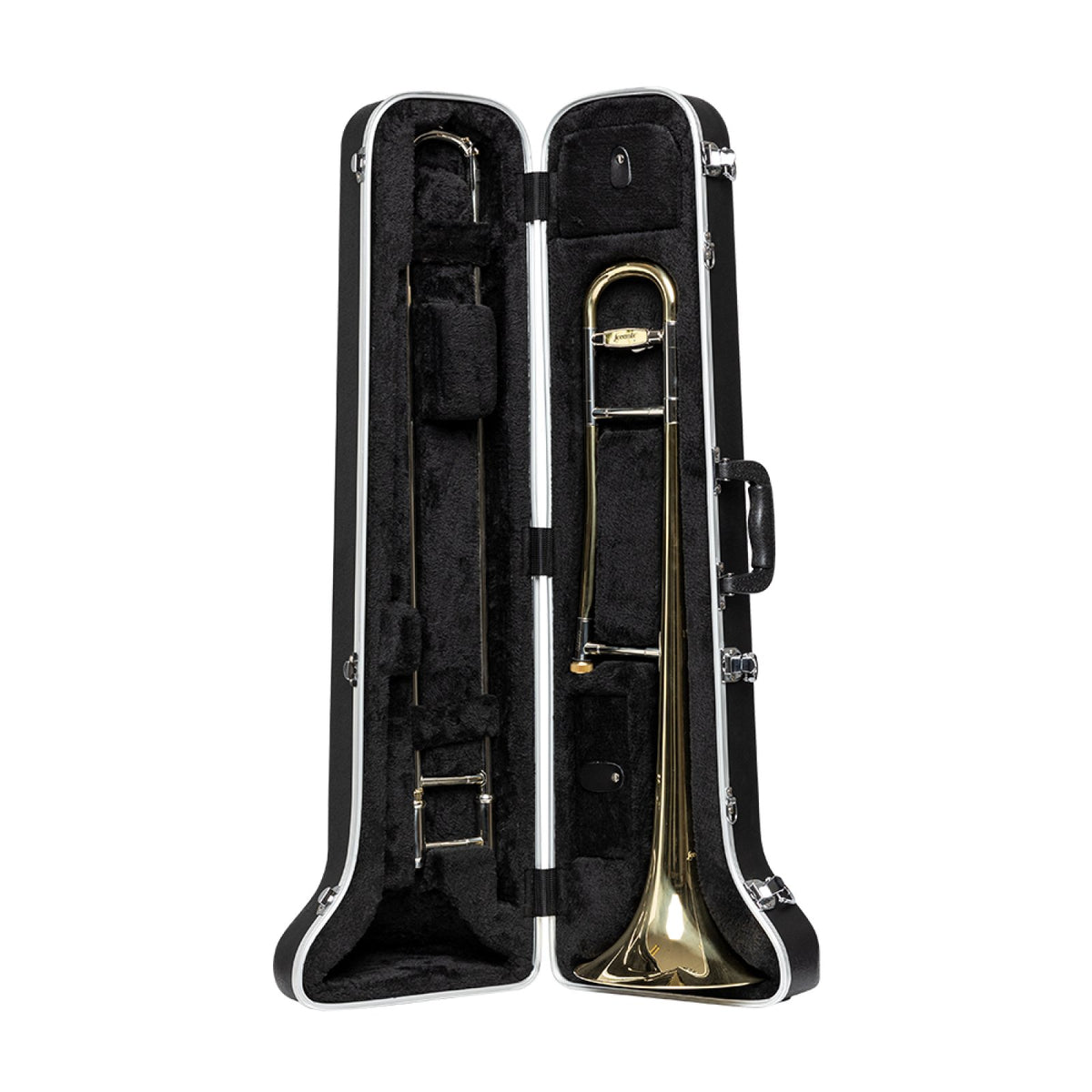 Stagg ABS-TB ABS case for trombone: open case standing upright with a trombone inside