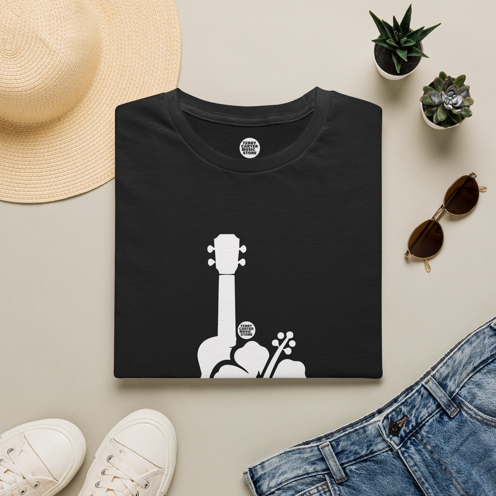 Ukulele Musician T-Shirt with Hibiscus - White Logo