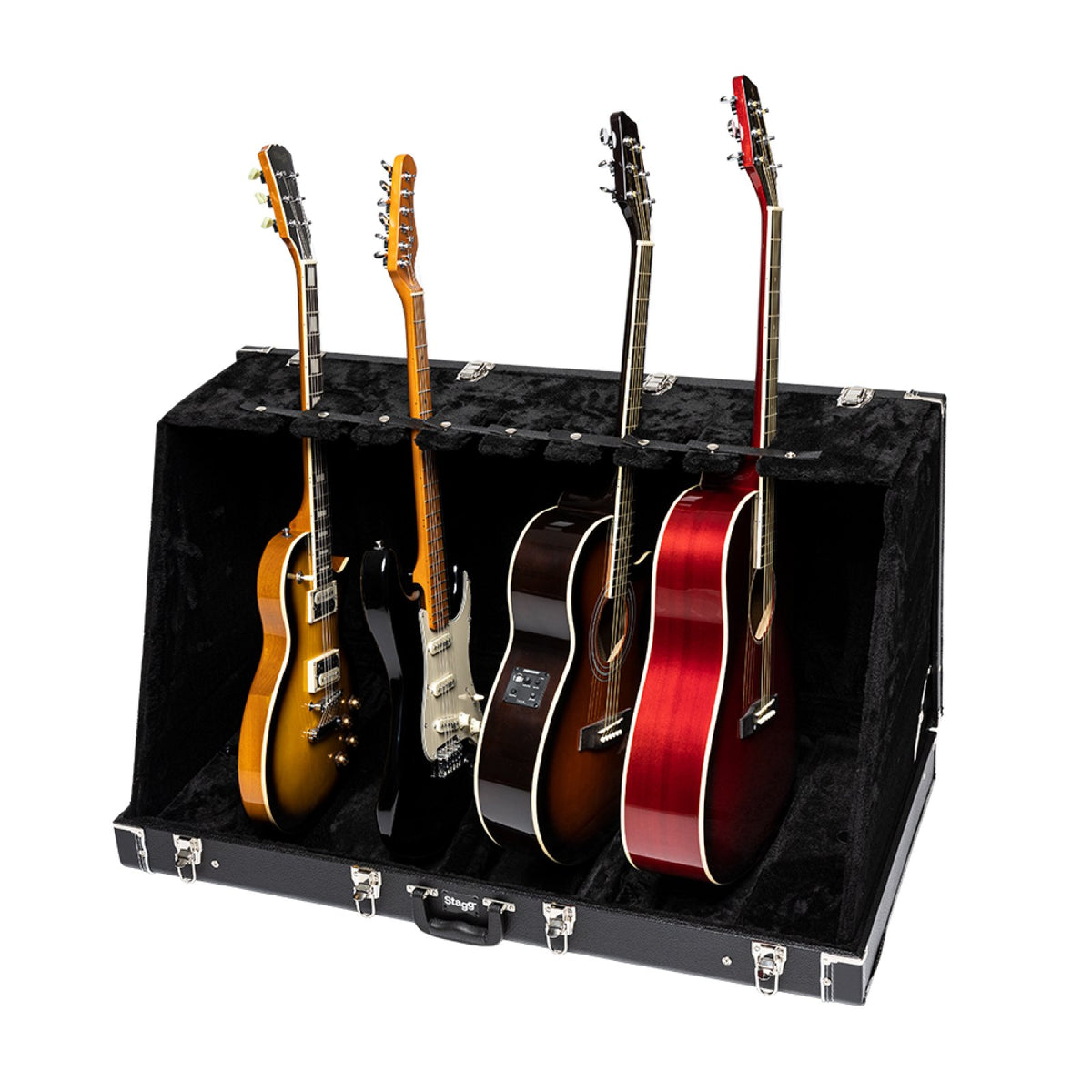 Stagg GDC-8 guitar stand case holding four guitars upright in its plush-lined compartments