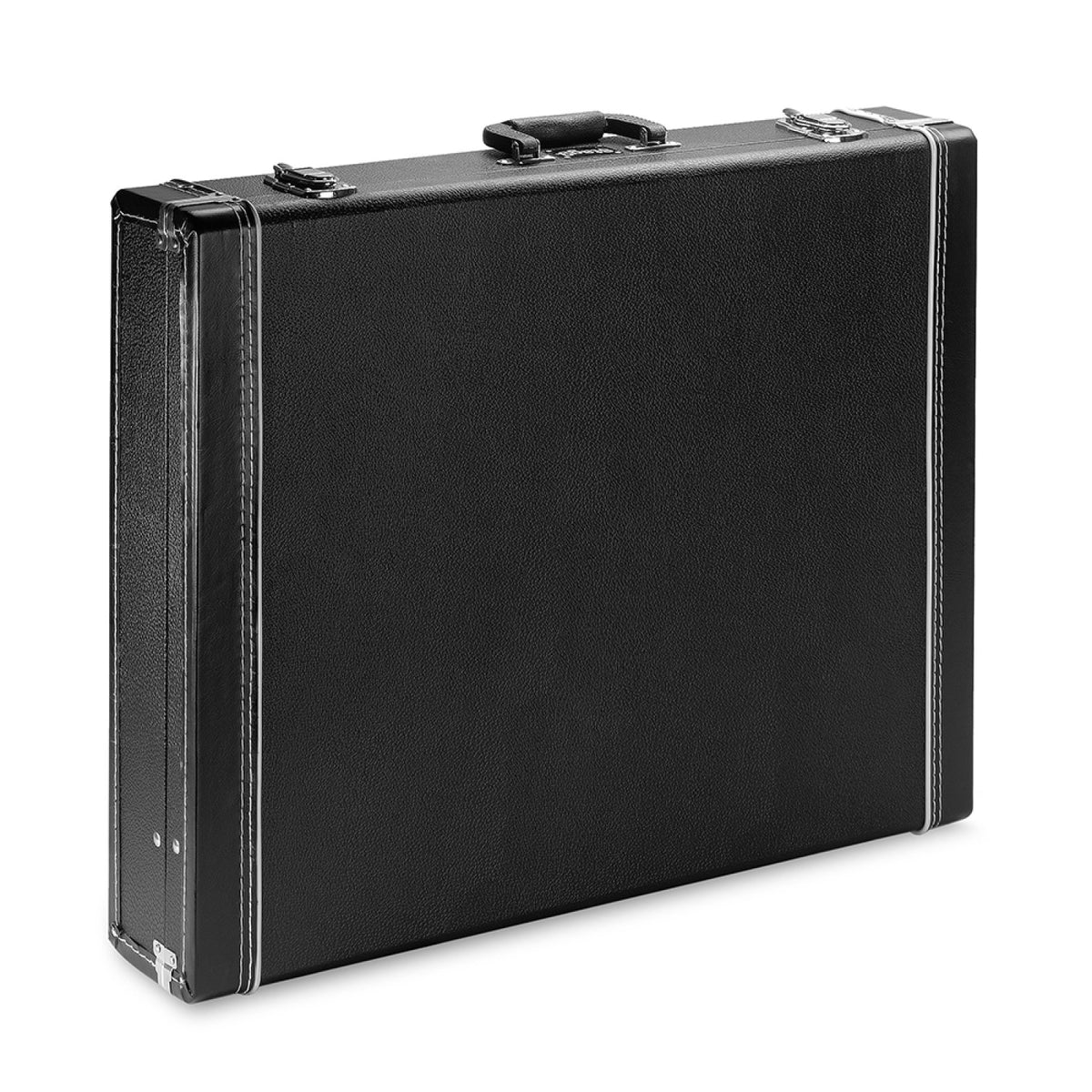 Stagg GDC-6 black guitar stand case, closed, three-quarter view with chrome latches and top handle