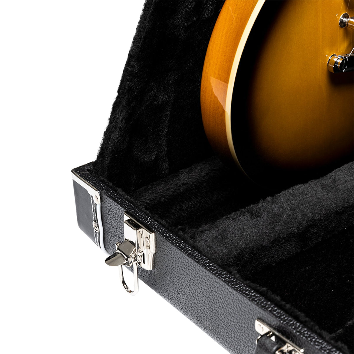 Stagg GDC-6 guitar stand case, close-up of the chrome latch and plush interior with a sunburst electric guitar