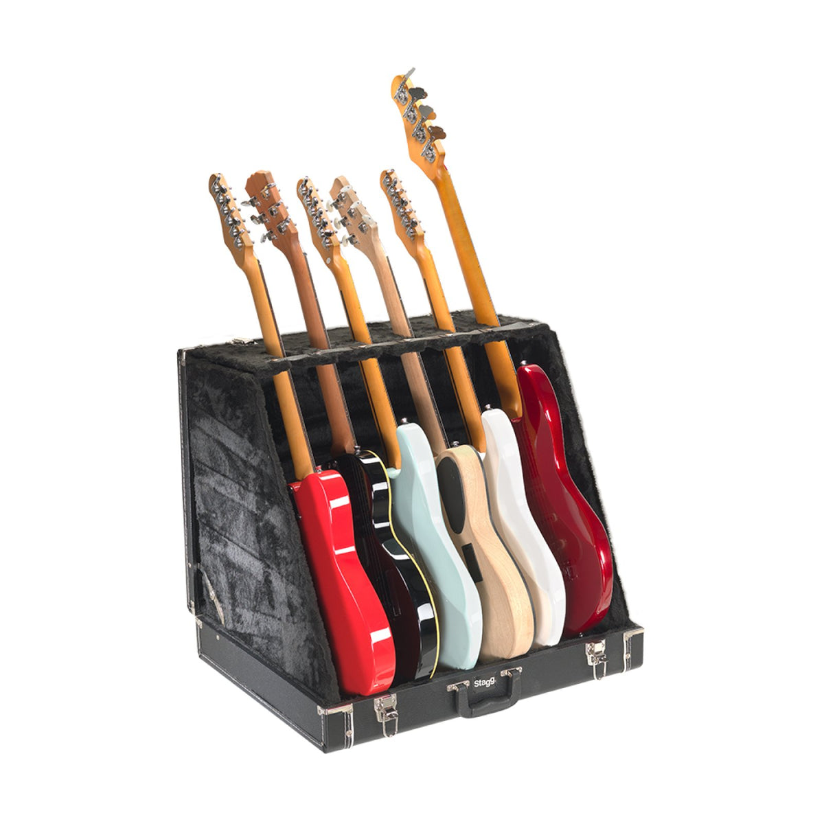 Stagg GDC-6 guitar stand case holding six electric guitars and basses upright