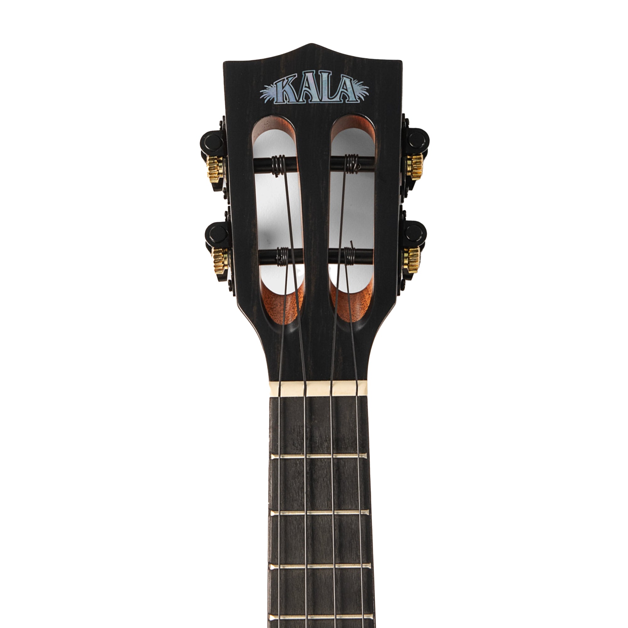 Close-up of the headstock of a Kala ukulele, showing the brand logo, four tuning pegs, and the beginning of the dark fretboard with light fret markers on a white background.