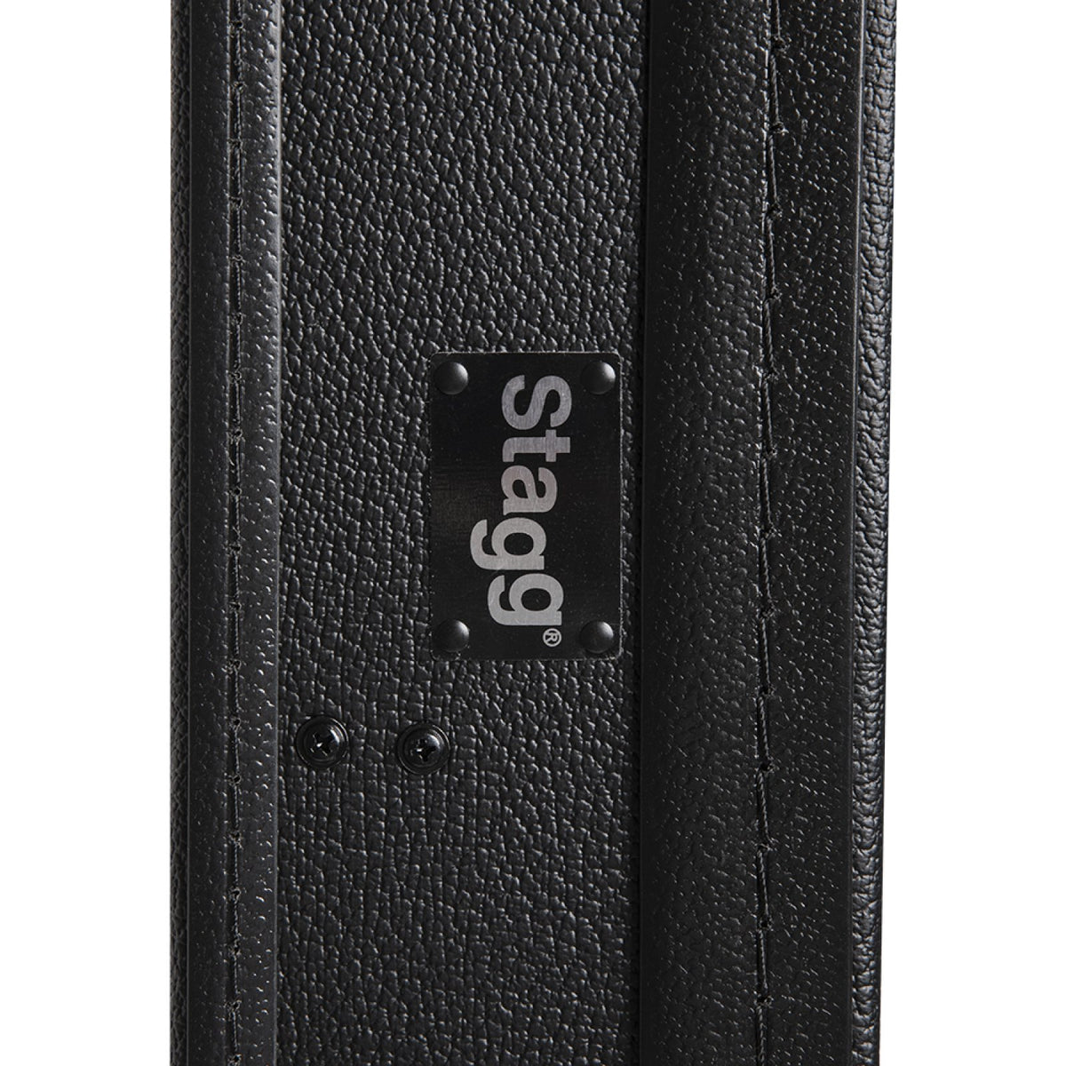 Stagg GCA-LP hardshell case, close-up of the Stagg badge and black textured vinyl covering