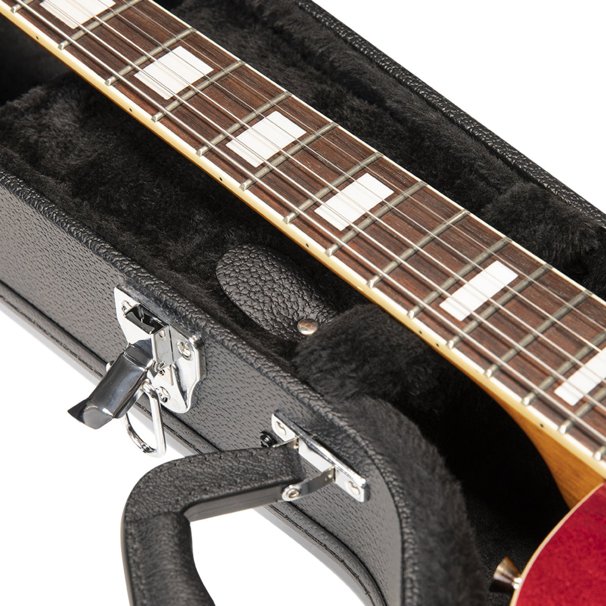 Stagg GCA-LP hardshell case, close-up of the neck rest and compartment with a guitar fretboard inside