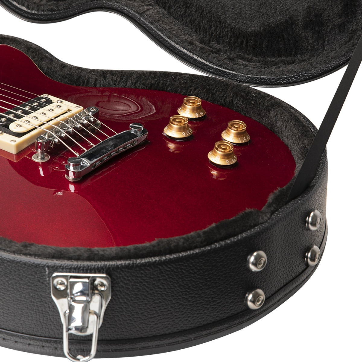Stagg GCA-LP hardshell case holding a red Les Paul-style electric guitar, body view with chrome latch