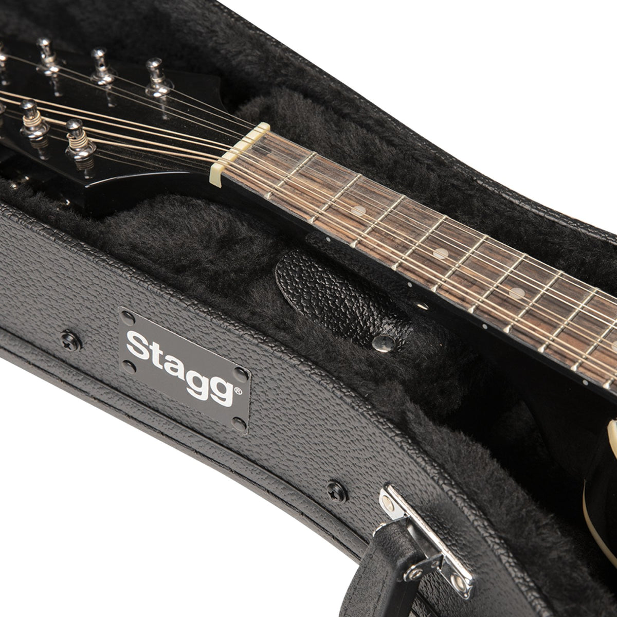 Stagg GCA-M mandolin case, close-up of the neck area with a mandolin headstock and Stagg badge