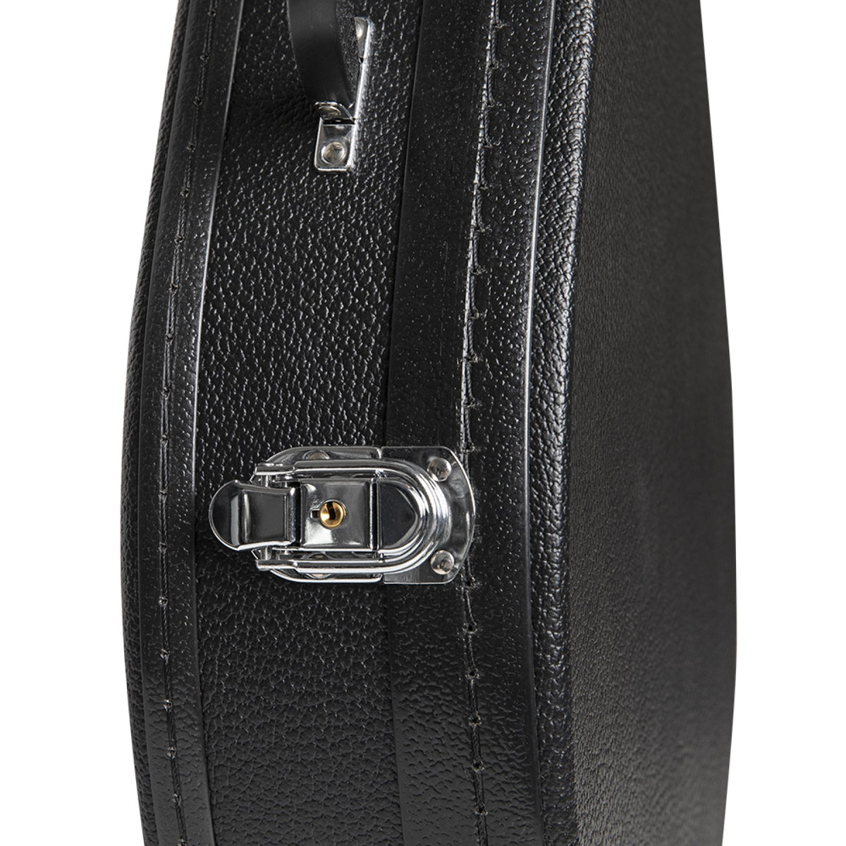 Stagg GCA-M mandolin case, close-up of a chrome latch and black vinyl covering