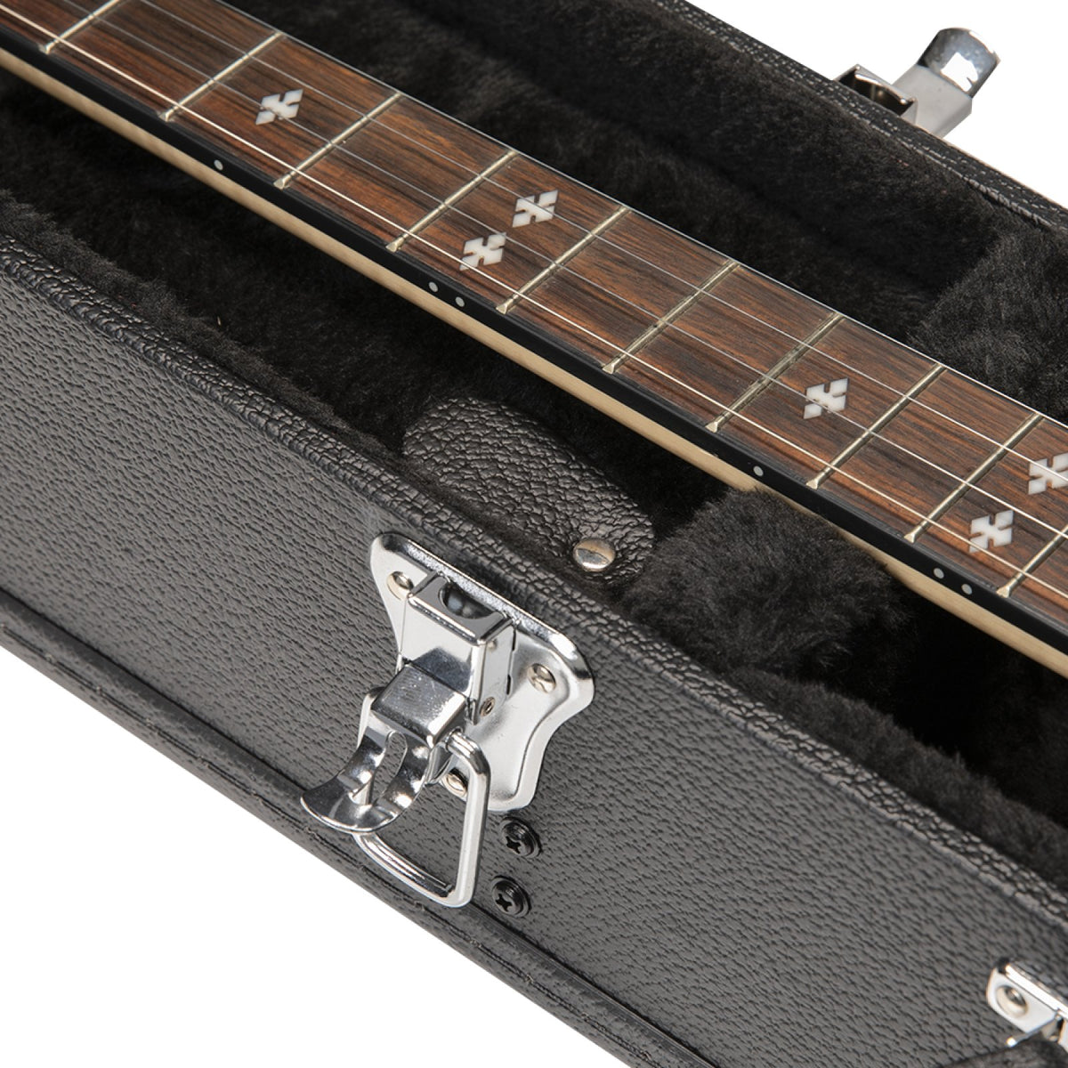 Stagg GCA-BJ5 banjo case, close-up of the neck rest with a banjo fretboard inside and a chrome latch