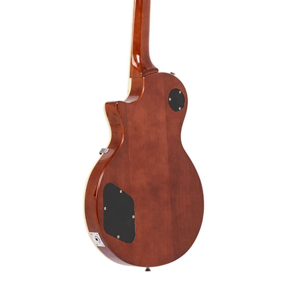 Body back of the Stagg SEL-STD BLK Standard Series Mahogany Archtop Electric Guitar - Black, with the base of the neck