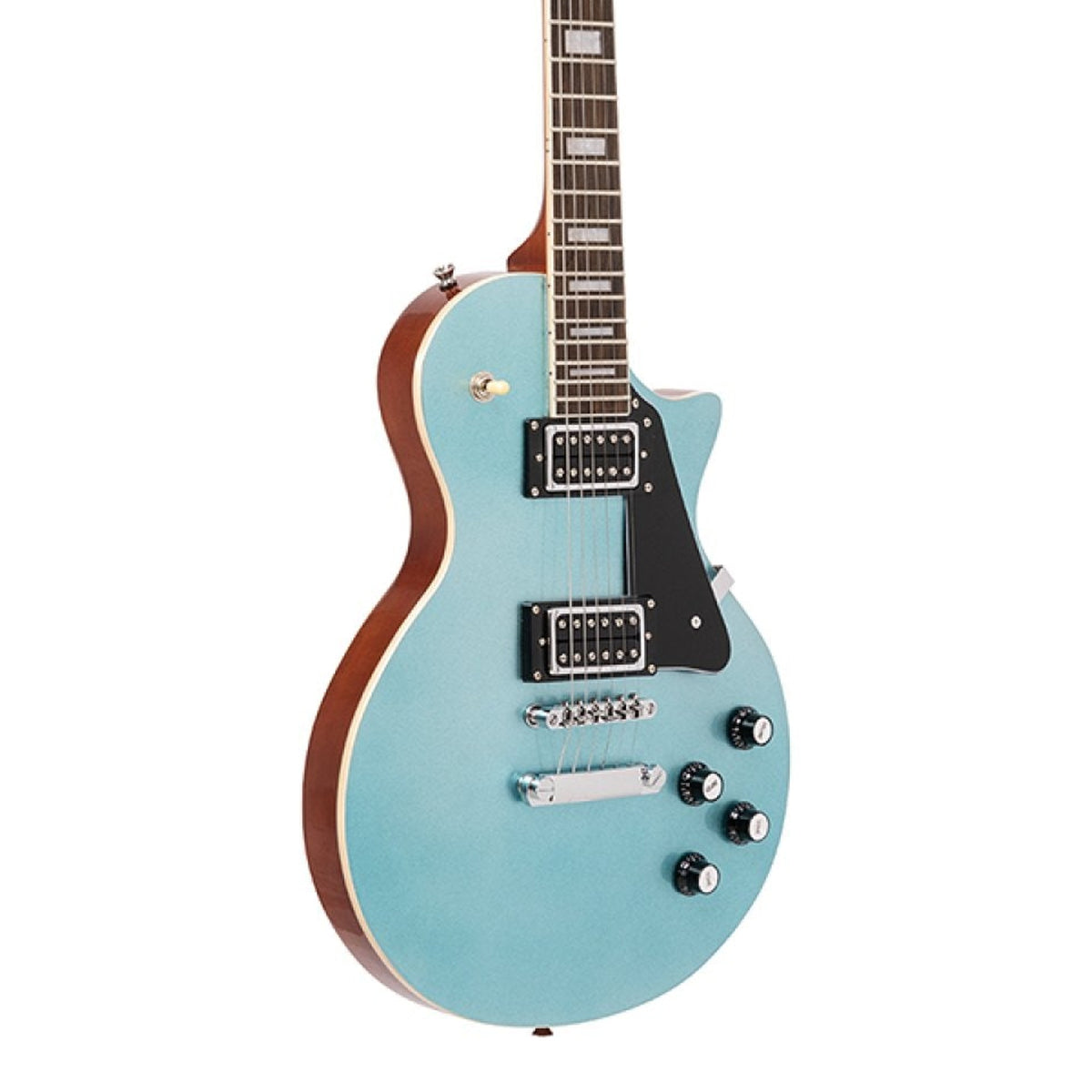 Body front of the Stagg SEL-STD SBLUE Standard Series Mahogany Archtop Electric Guitar - Shoreline Blue, with some of the fretboard