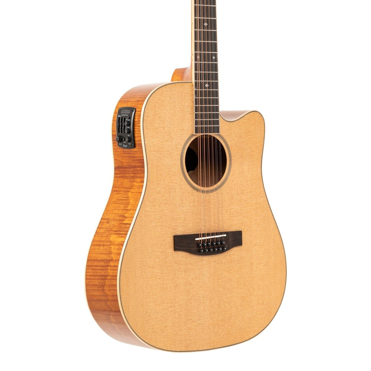 Body front of the Stagg SA45 DCE-FM/12 12-String Acoustic-Electric Dreadnought Guitar, with some of the fretboard