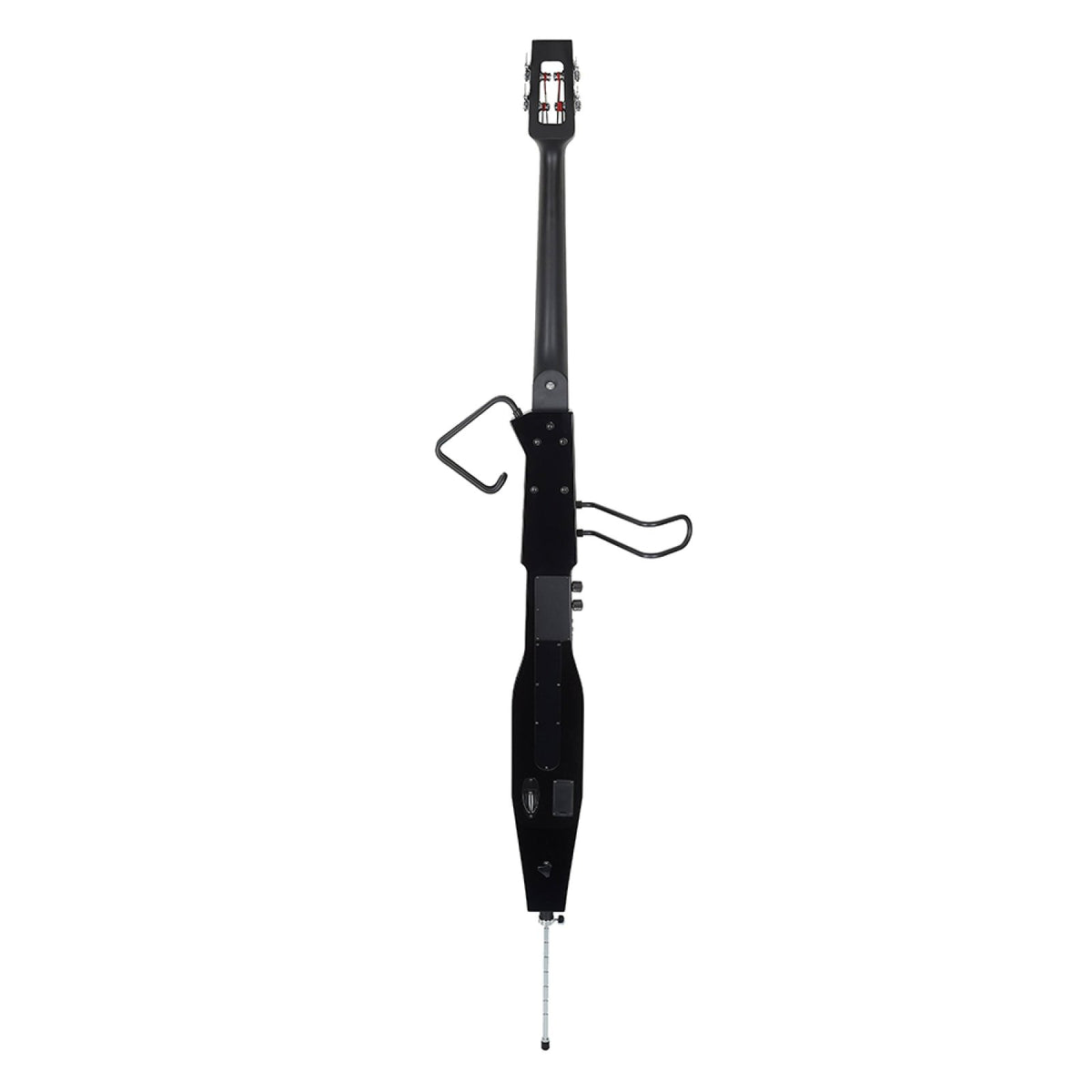 Stagg EDB-3/4 BK black electric double bass seen from a slight angle with its wire frame supports and endpin