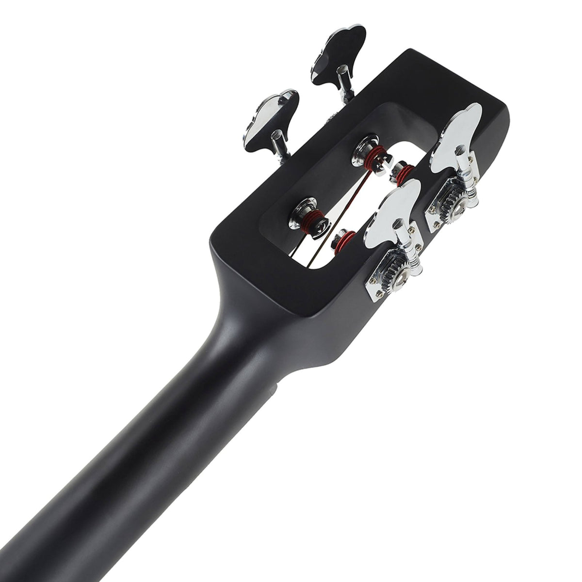 Back of the Stagg EDB-3/4 BK headstock showing the diecast nickel tuning machines