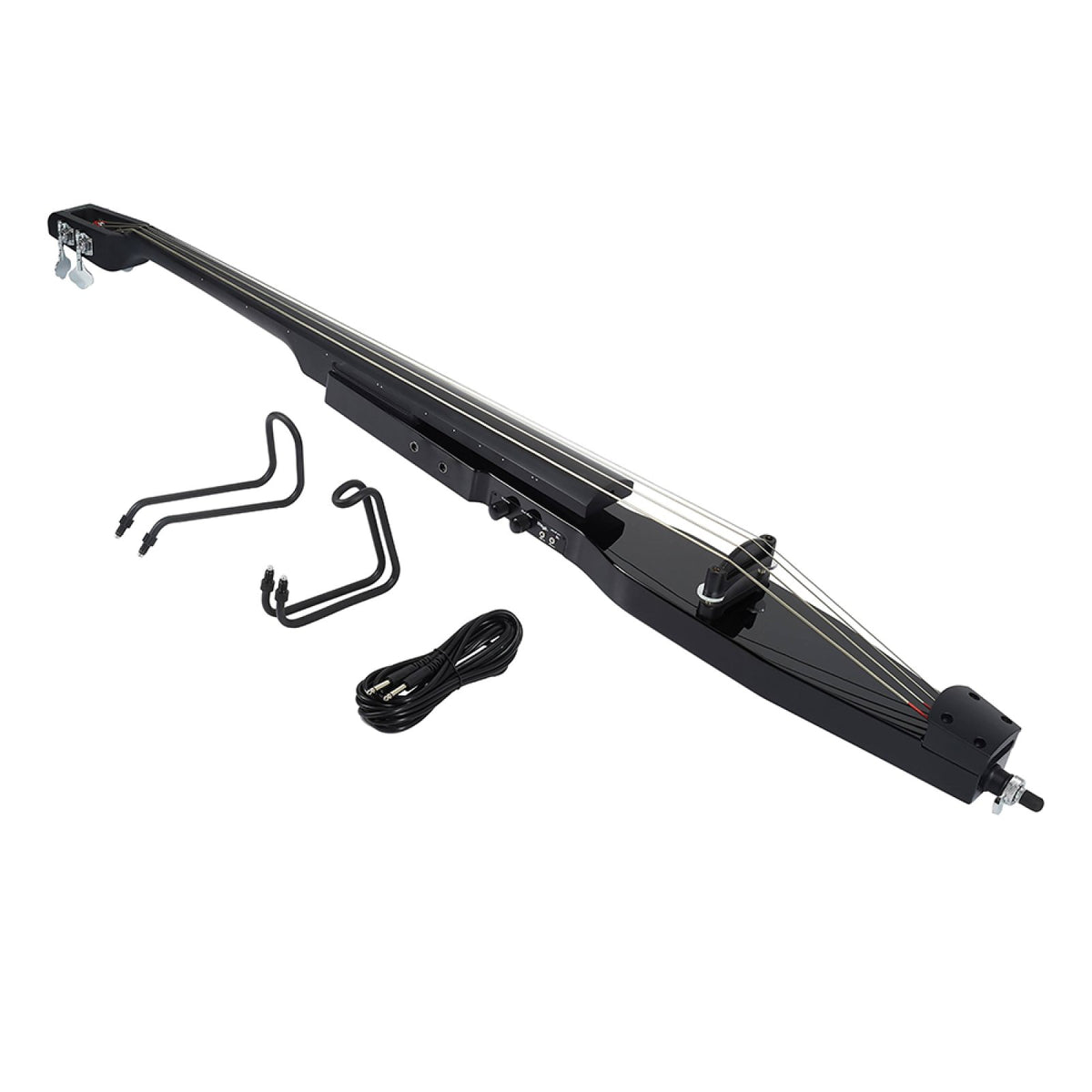 Stagg EDB-3/4 BK black electric double bass lying flat next to its two wire supports and a cable