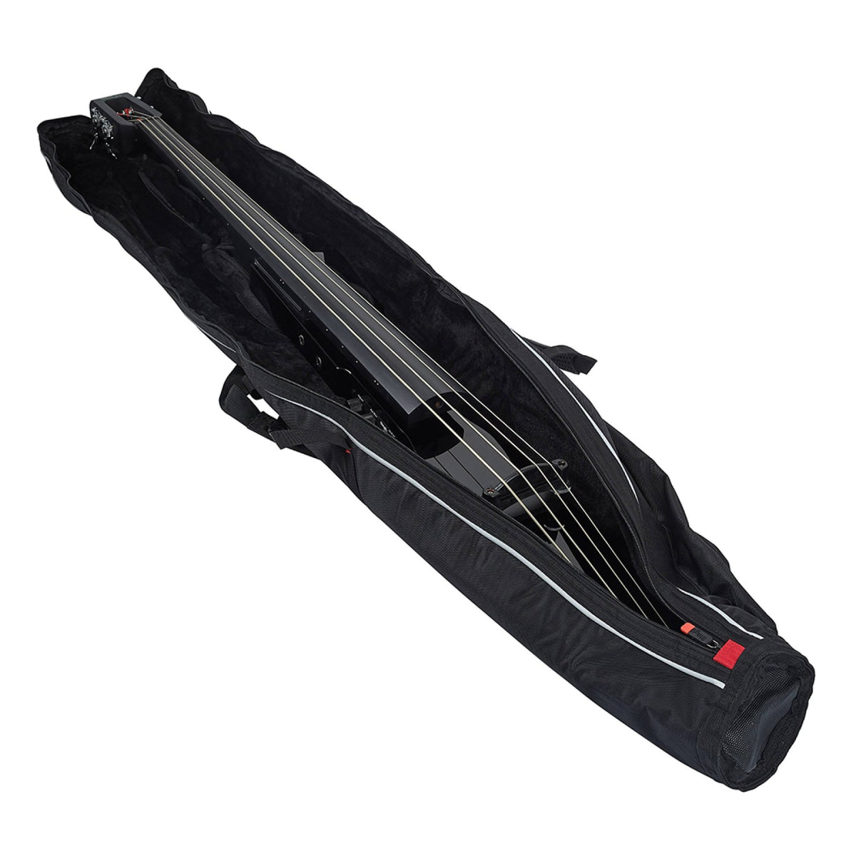 Stagg EDB-3/4 BK black electric double bass lying in its open black gigbag