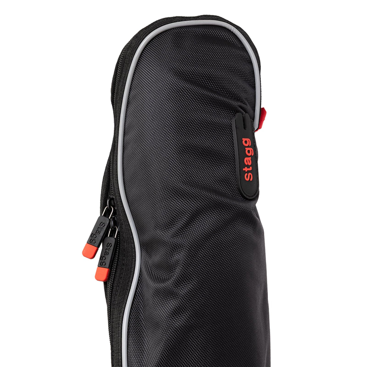 Top of the black Stagg gigbag with the red Stagg logo zip pull and grey piping