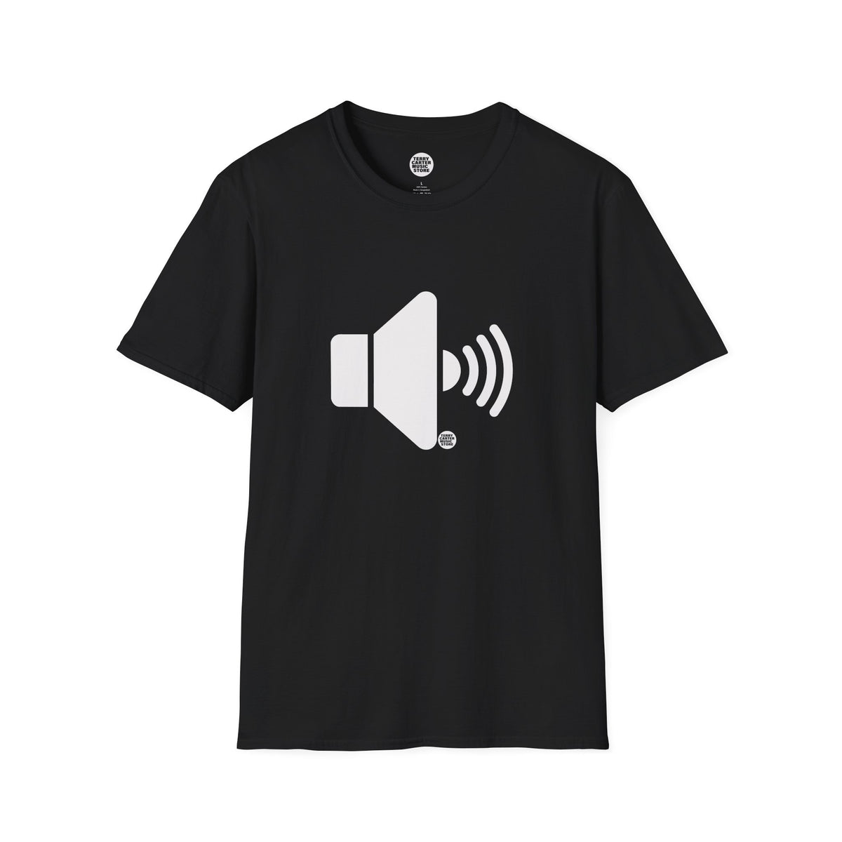 Sound On Speaker Icon t-shirt in black with white speaker logo, front view