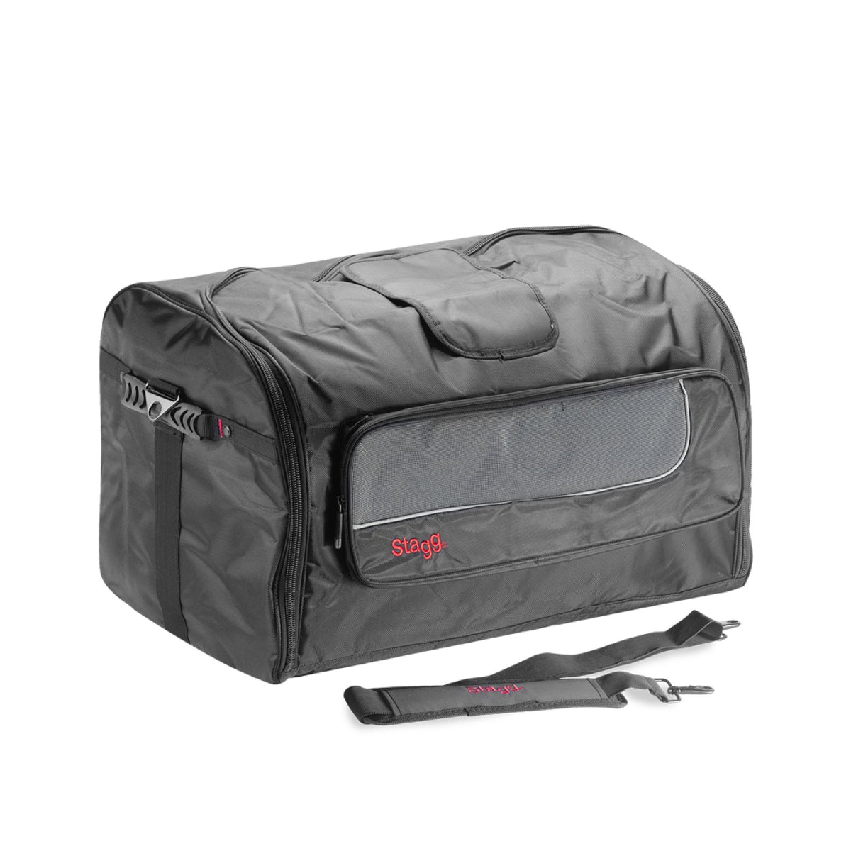 Stagg SPB-12 padded nylon bag for 12 inch PA speaker: front view with the external accessory pocket and detachable shoulder strap