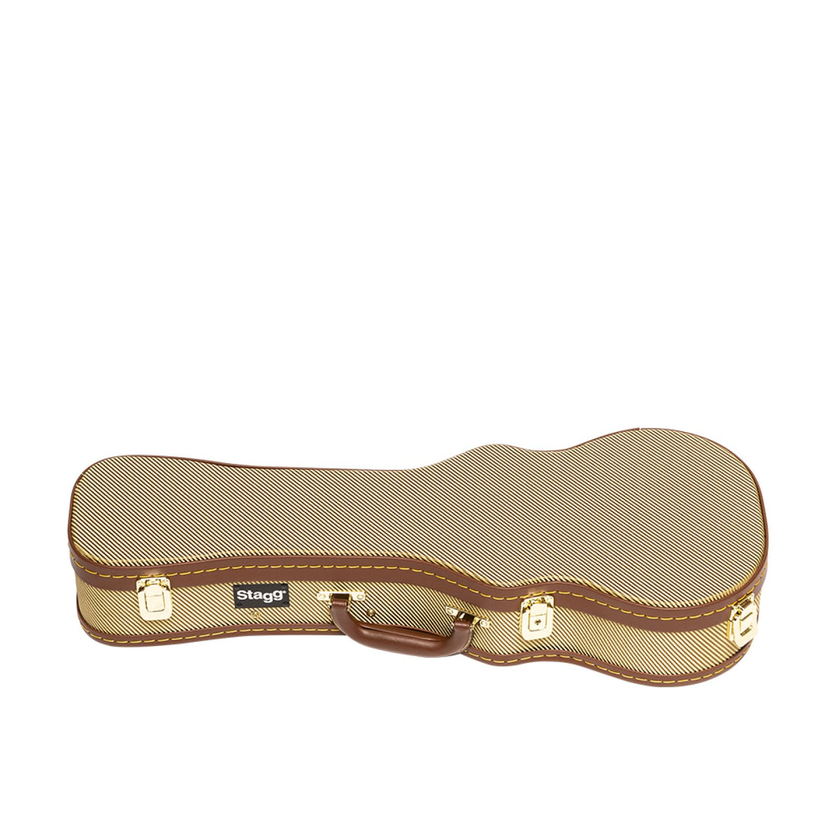 Stagg GCX-UKC GD gold tweed concert ukulele case, closed, side view with gold latches and handle