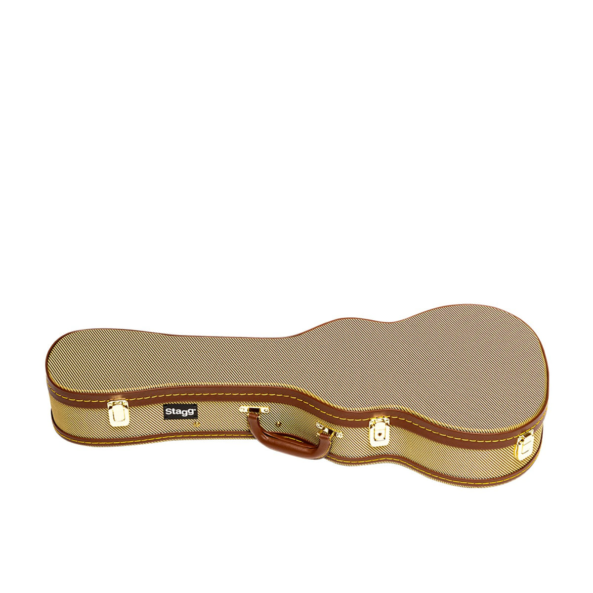 Stagg GCX-UKT GD gold tweed tenor ukulele case, closed, side view with gold latches and handle