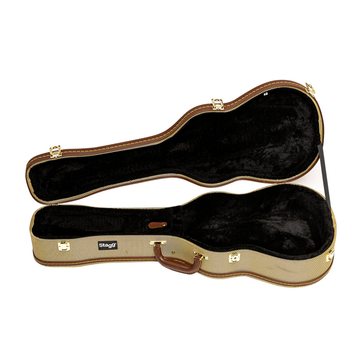 Stagg GCX-UKB GD baritone ukulele case open, showing black plush interior