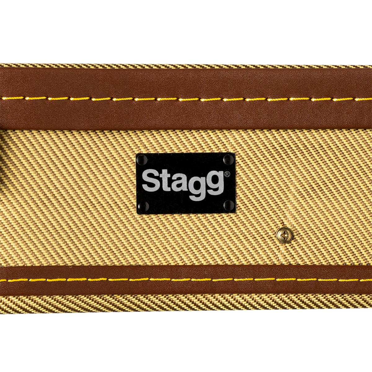 Stagg gold tweed ukulele case, close-up of Stagg badge and brown trim