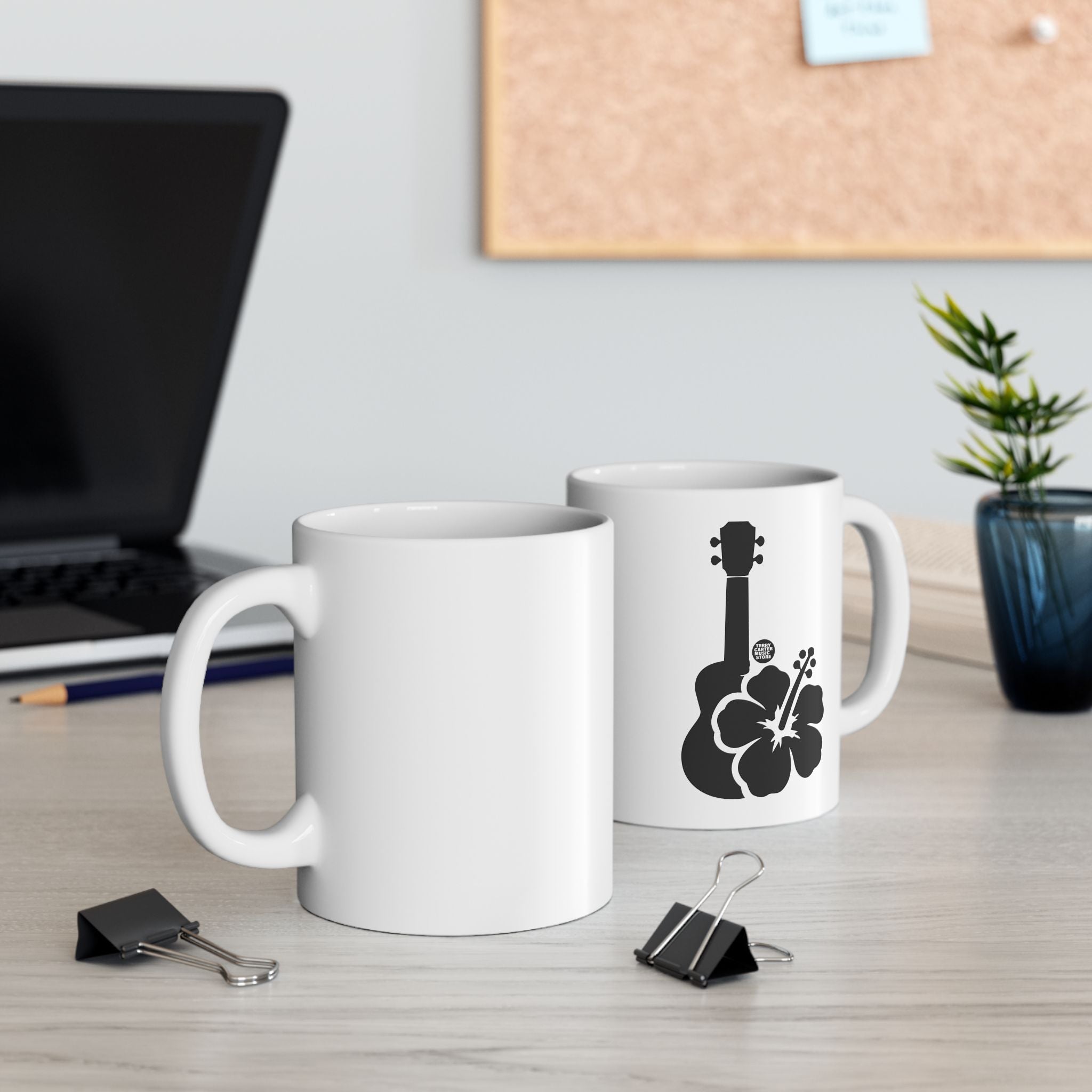 Ukulele Musician White Ceramic Mug with Hibiscus - 11oz & 15oz