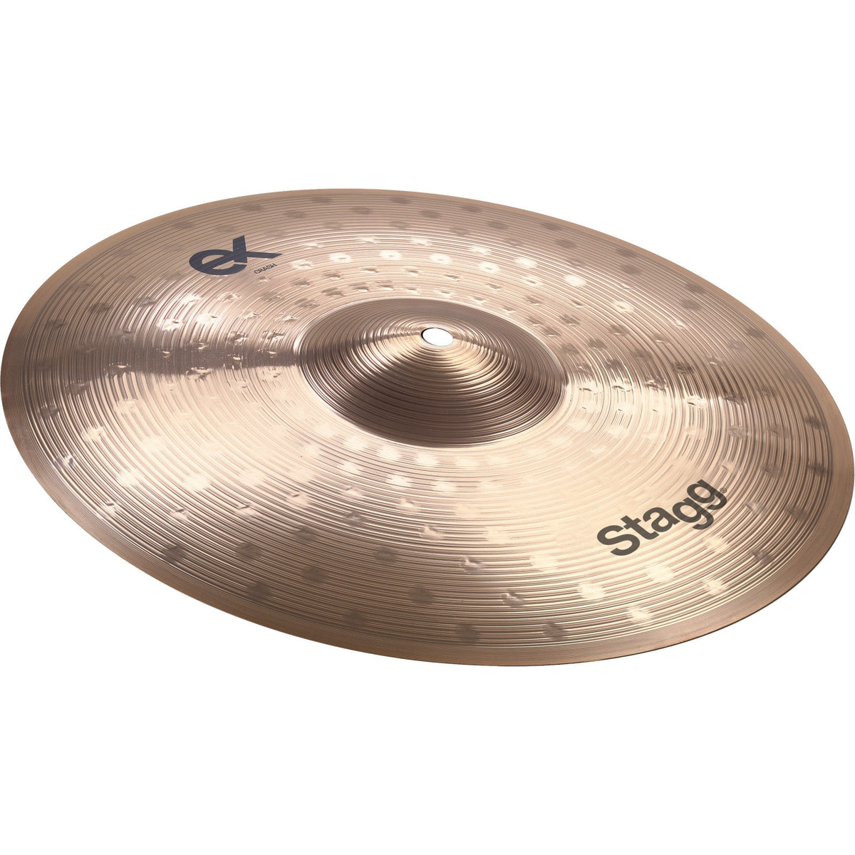 Stagg EX-CM16B EX brilliant medium crash cymbal, angled view of the bronze cymbal with hammered pattern, EX logo and Stagg logo