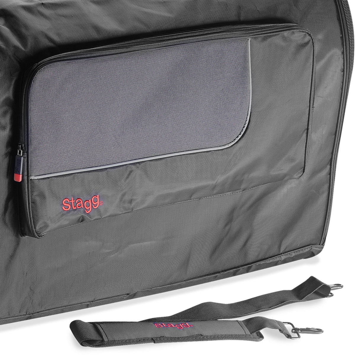 Stagg SPB-15 padded nylon bag for 15 inch PA speaker: close-up of the zippered external pocket with the Stagg logo and the shoulder strap
