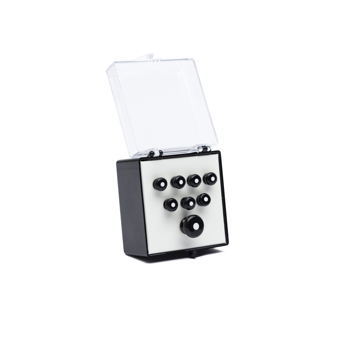 Martin black bridge pins and endpin with white dot inlay in an open clear-lid case