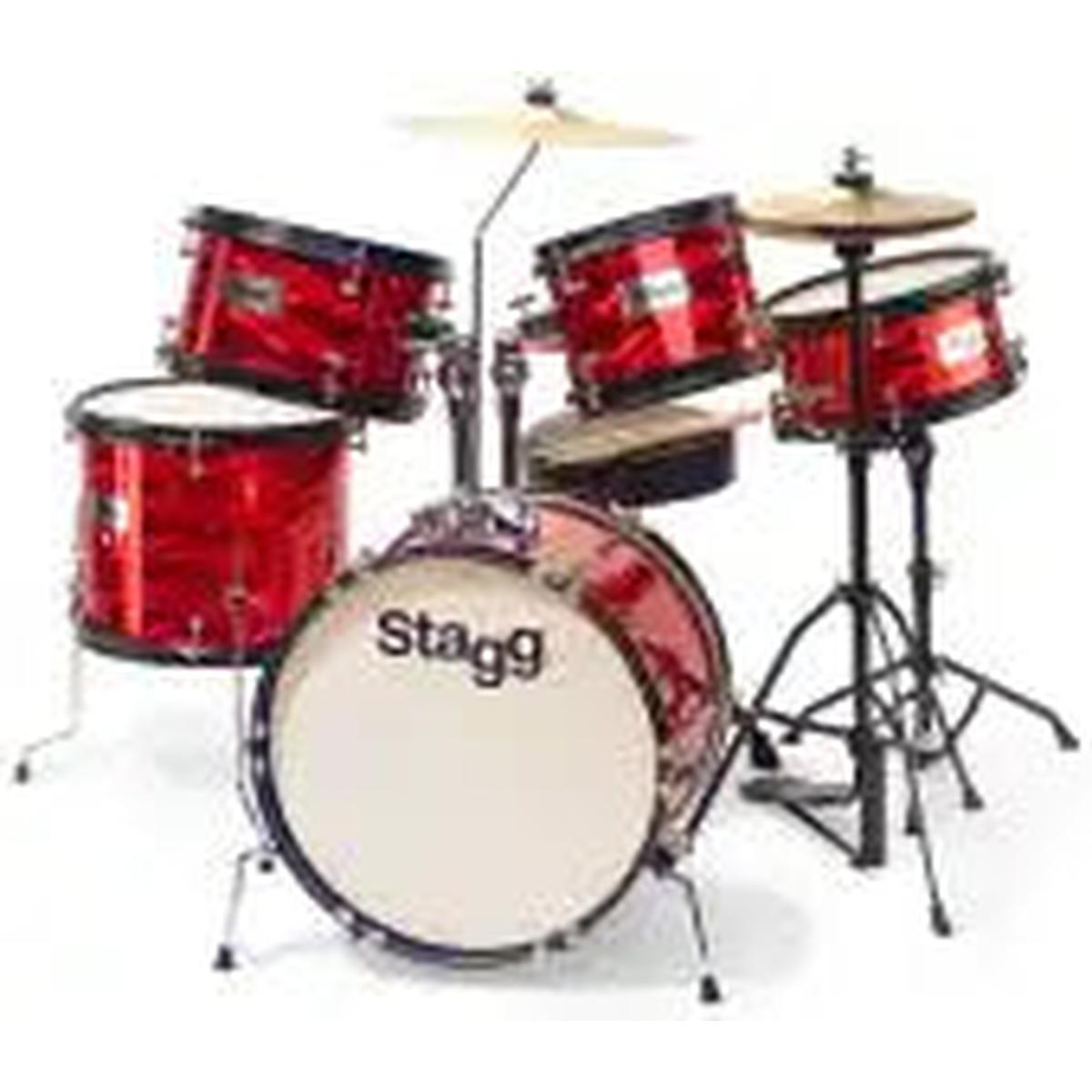 Stagg 5-piece junior drum set in red with 16-inch bass drum, toms, hi-hat, cymbal and throne