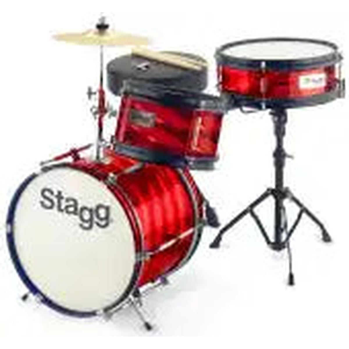 Stagg 3-piece junior drum set in red with 12-inch bass drum, hardware, cymbal and throne