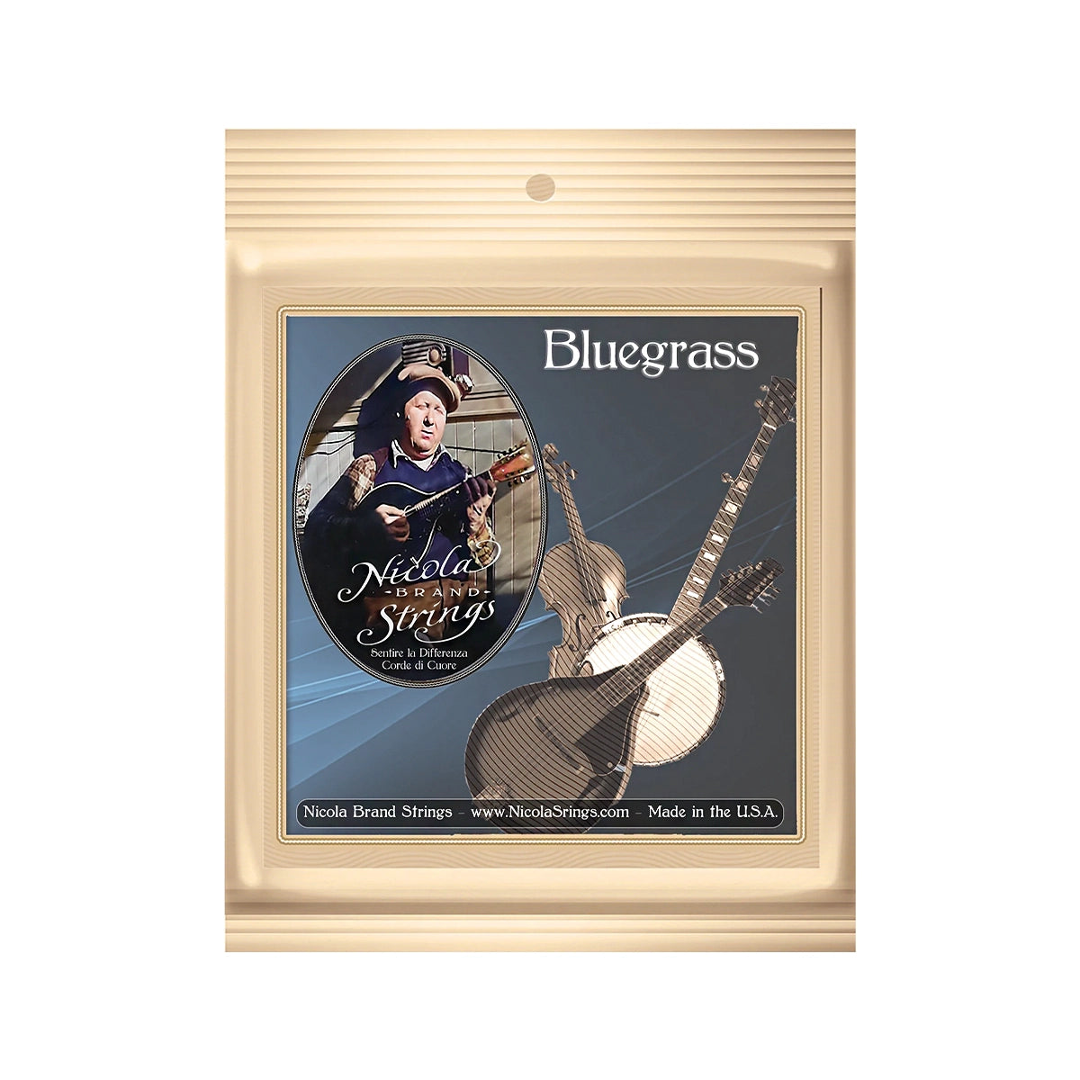 The front packaging displays the Nicola NM22 Bluegrass Phosphor Bronze Mandolin Strings with classic bluegrass-themed artwork.