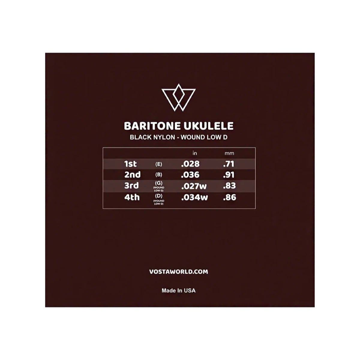 Vosta Black Nylon Baritone Ukulele Strings with wound low D, back of the package with string gauges
