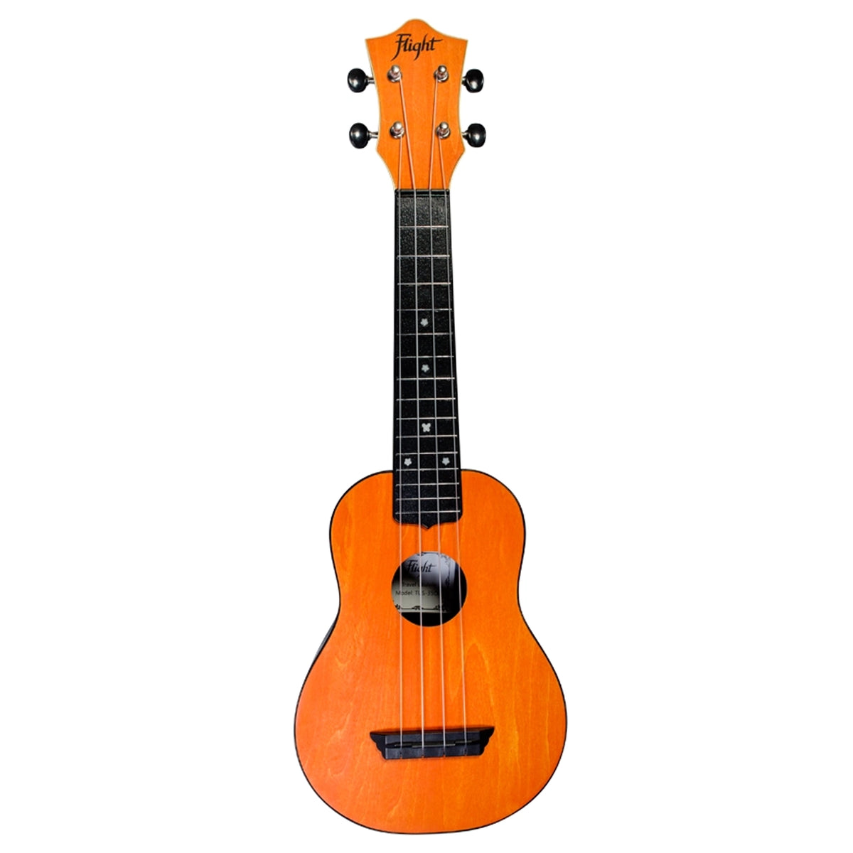 The Flight TUS-35 OR full front view showcases its vibrant orange laminate linden top and soprano body shape.