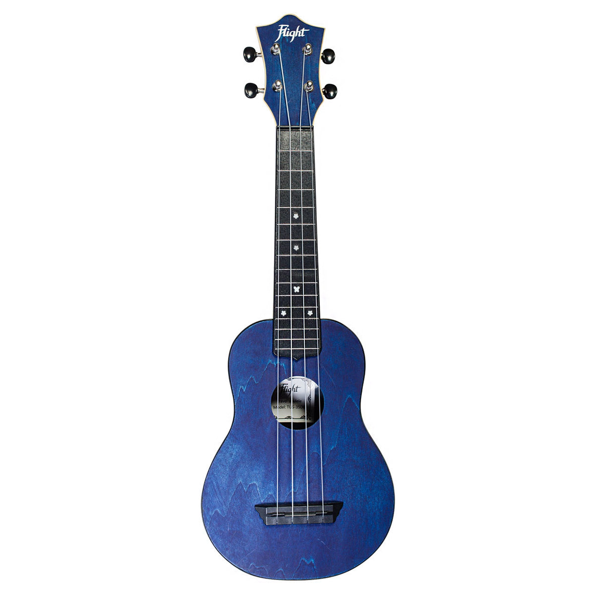 The Flight TUS-35 DB full front view showcases its dark blue linden top and classic soprano ukulele shape.